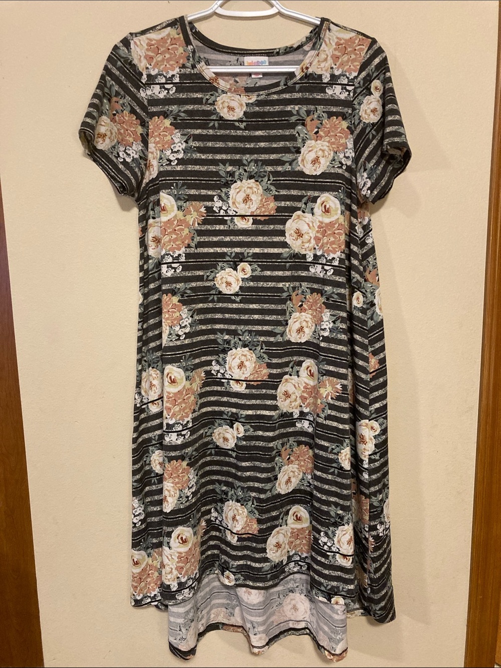 LuLaRoe Black Striped Dress with Blush Floral Print